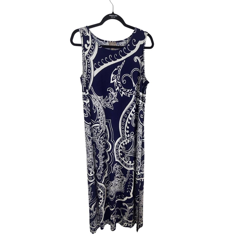 Chico’s Size 2 Large 12 14 Navy White Paisley Sleeveless Maxi Dress Stretch